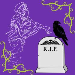 Wispy, skeletal ghost in a shroud gesturing towards a raven sitting on a gravestone. Purple background with curly vines framing the top right and lower left corner.