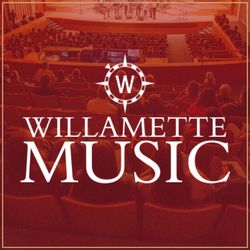The Willamette compass and text "Willamette Music" are shown in white over the  maroon-tinted interior of a concert hall.