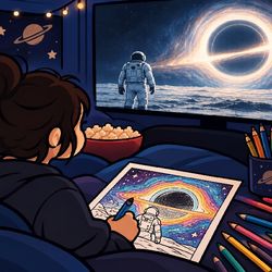 Student watches the black hole scene of the movie Interstellar while coloring in a picture of the same scene. 