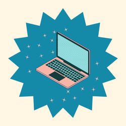 pink laptop surrounded by sparkles against a blue starburst