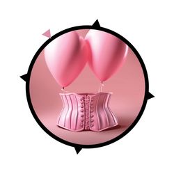 Two pink balloons float above a pink corset, representing breasts.