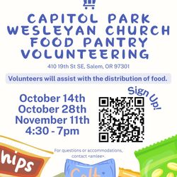 Poster for the Capitol Park Wesleyan Church Food Pantry Volunteering event.