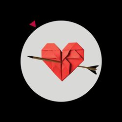 An origami heart is stabbed by an arrow.