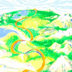 drawing of landscape with sky, mountains, ocean, and winding golden road