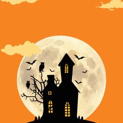 Drawing of a spooky house with a full moon behind it.