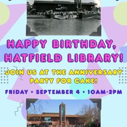 Birthday card with 2 photos of the library and information about the location and time of the party.