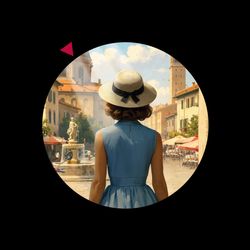 A woman in a blue dress and white hat faces away from the viewer towards a picturesque Italian town square.