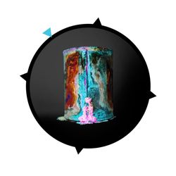 a canister of ashes bleeds vibrant colors in splotches of copper, blue, and pink.
