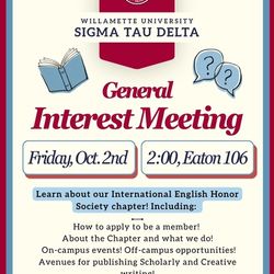 General Interest Meeting flyer that is white, red, and blue with an image of a book as well as text bubbles with question marks in them.