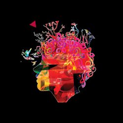 A woman's profile is made up of colorful music symbols.
